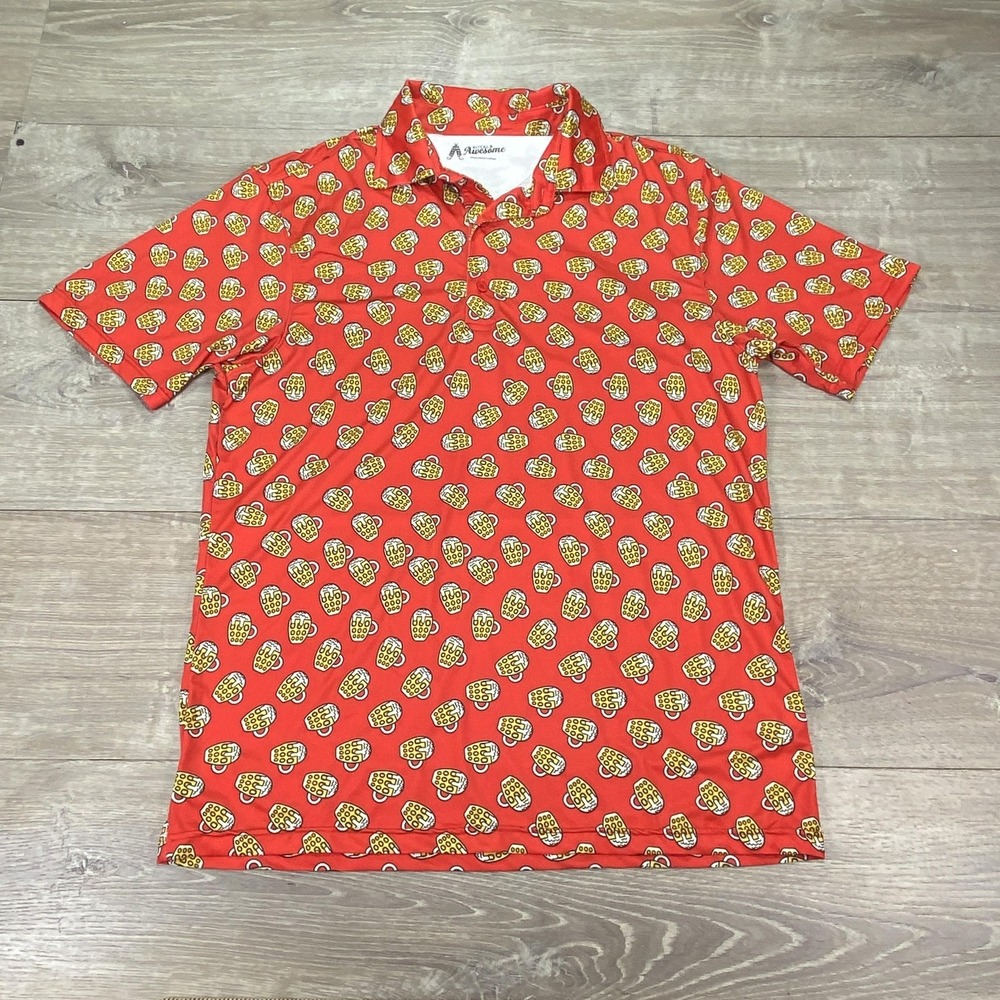 Royal & Awesome Polo Shirt Mens Large Red Beer Mug Print‎ Stretch Novelty Golf